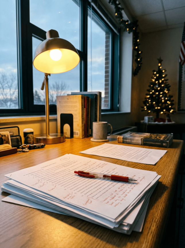 Bureau éclairé par une lampe, avec des documents de travail